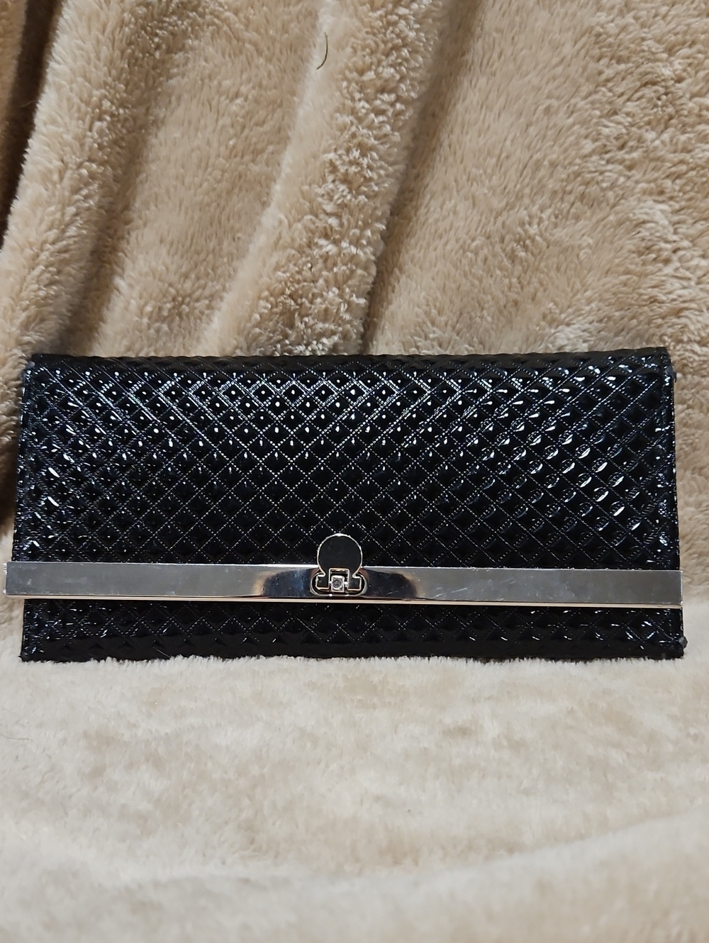 Black Quilted Patent Clutch Wallet with Silver Frame
